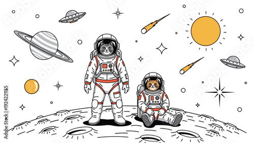 Whimsical illustration of two cat astronauts in full space suits standing on the surface of the moon with planets and ufos.
