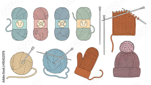 Handcrafted knitting collection featuring yarn balls, knitting needles, a warm purple hat, and a cozy orange mitten.
