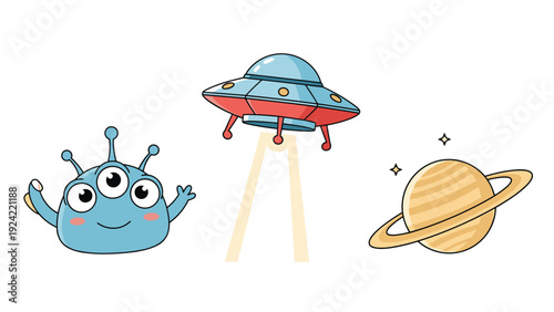 Fun space themed illustration featuring a friendly three eyed blue alien, a flying saucer, and the planet Saturn.