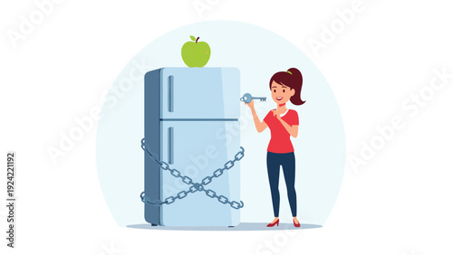 Determined woman holding a key in front of a refrigerator locked with chains to represent dieting or food self control.