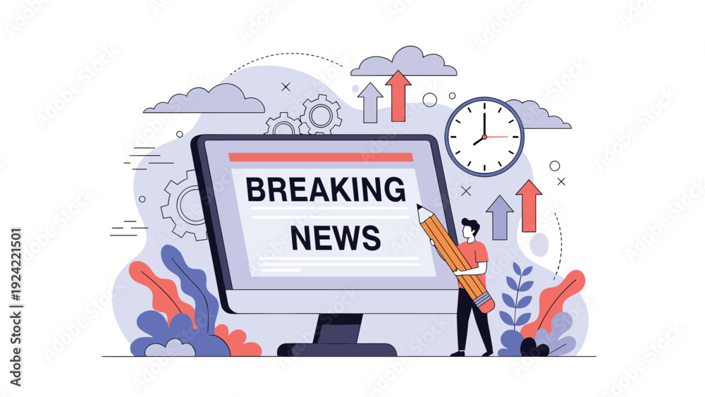 Naklejka premium Digital journalist working on breaking news display screen surrounded by business gears, clock, and growth arrows in abstract design.