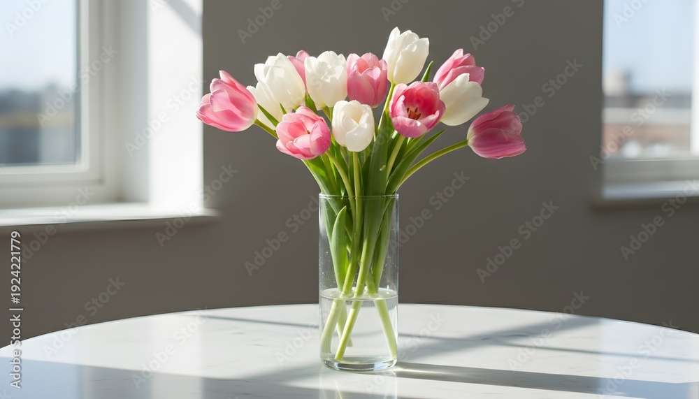 Fototapeta premium A vibrant bouquet of pink and white tulip flowers in a glass vase, highlighting the refreshing spring flower concept and home decor