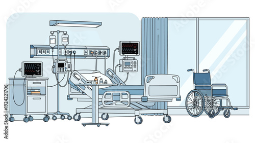 Interior view of an empty modern hospital patient room equipped with medical monitors, adjustable bed, and a wheelchair by window.