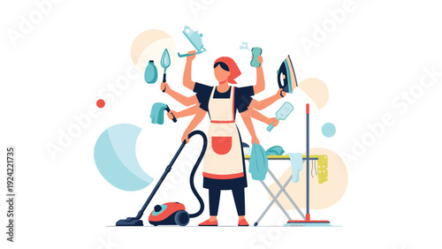 Multitasking woman with multiple arms performing various household chores including vacuuming, ironing, and cleaning to manage home life.