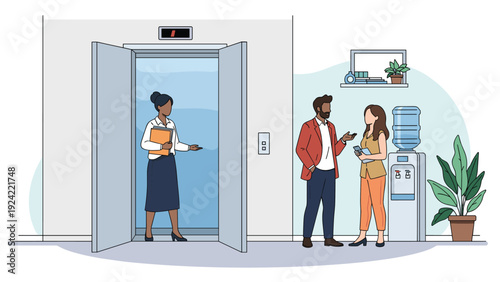 Modern office lobby scene showing a professional woman entering an elevator while colleagues talk near a water cooler and plants.