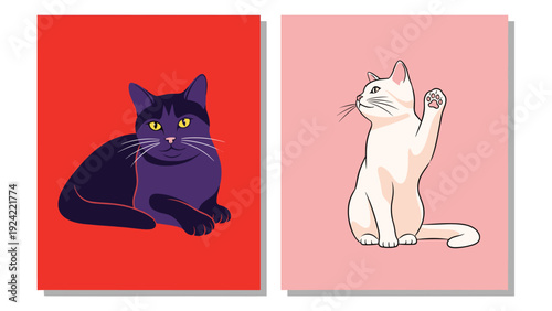 Artistic pet portraits featuring a regal black cat on a red background and a friendly white cat waving its paw on a pink background.