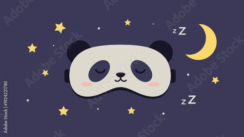 Cute panda face sleeping mask centered on a dark blue night sky background filled with yellow stars, a crescent moon, and zzz text.