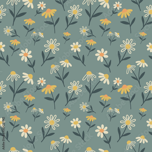 Seamless pattern with simple flat daisies and yellow flowers on a dusty blue background.