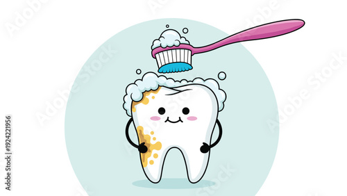 Cute personified tooth character getting cleaned with a pink toothbrush and white toothpaste foam for hygiene.
