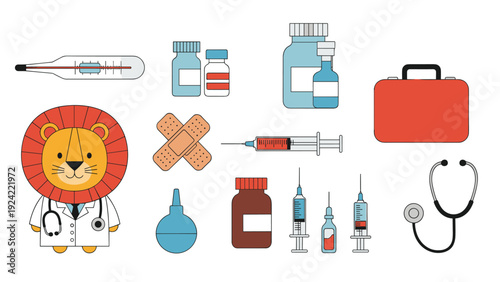 Cute lion doctor character in a lab coat with stethoscope surrounded by medical equipment and veterinary tools.