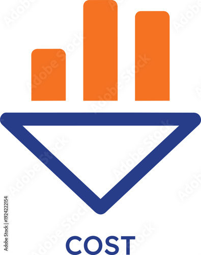 Professional business cost reduction icon with orange bar graph and blue downward arrow representing financial optimization savings budget management economic efficiency and strategic expenditure cont