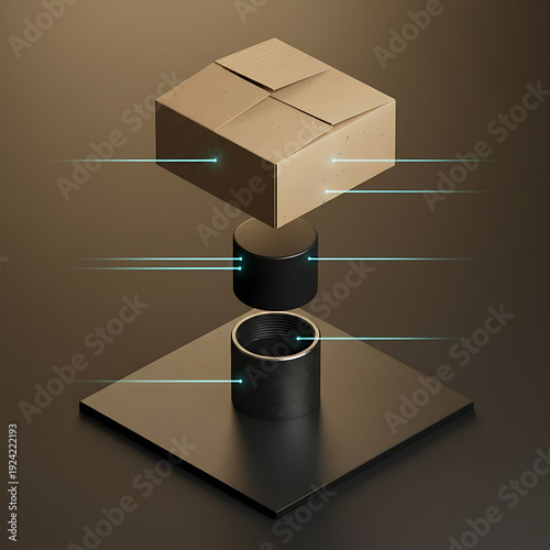 Exploded view of a brown cardboard box, a black cylindrical object, and a black threaded pipe on a square base with blue laser lines indicating connection