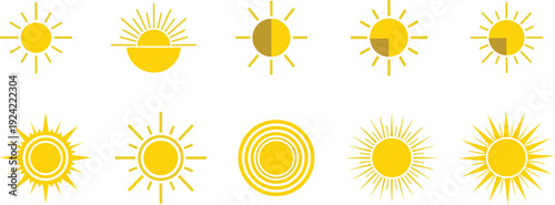 Sun icon collection featuring modern yellow solar symbols, sunrise and daylight graphics set, minimal weather sign illustrations, flat vector design isolated on white background