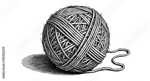 Ball of yarn with loose thread and cast shadow in engraved style vector illustration isolated on white