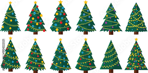 Colorful Christmas tree collection vector illustration with festive ornaments garlands stars isolated set for holiday design decorations backgrounds posters cards banners marketing