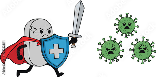 Superhero medicine capsule fighting virus illustration, healthcare protection concept, medical treatment symbol, immune defense character, pharmacy themed vector artwork design