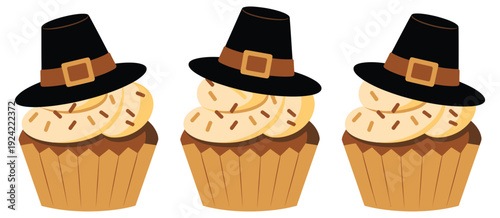 Pilgrim hat cupcakes vector illustration, delicious dessert pastries, sweet treat confectionery, representing holiday baking, festive celebration, Thanksgiving theme, and professional digital or print