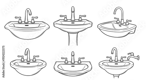 Bathroom sink collection with various faucet designs and washbasin styles isolated on white background vector