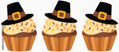 Pilgrim hat cupcakes vector illustration, delicious sweet treats and pastries, festive dessert concept, Thanksgiving themed confectionery, holiday baking, and professional digital or print creative 