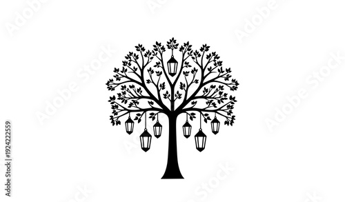 Minimal Tree Silhouette with Hanging Lanterns Modern Decorative Nature Vector