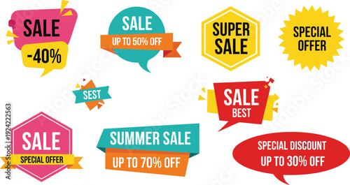 Colorful sale and discount labels collection with special offer badges, flat vector illustration for promotion, marketing, advertising design