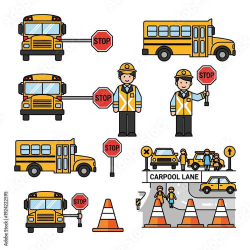 School Bus, Crossing Guard, Stop Signs & Traffic Cones Vector Set. Road safety, carpool lane, and child transport illustrations.
