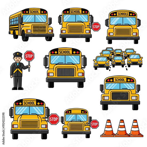 Cartoon yellow school bus illustrations, school crossing guard with stop sign, and traffic cones for education safety and transportation.