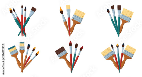 Assorted paintbrushes in various sizes and colors arranged in bundles
