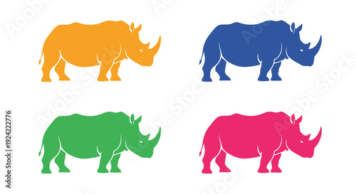 Four colorful rhinoceros silhouettes arranged in a square formation