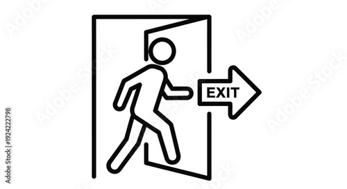 Line art depicting a figure walking through a doorway towards an exit sign