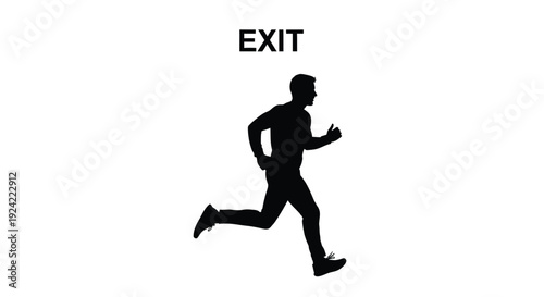 Silhouette of a running man positioned beneath the word exit in black