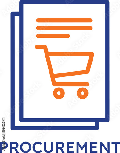 Professional procurement icon featuring blue document pages and an orange shopping cart symbol illustrating business purchasing supply chain management commercial acquisition and official order proces