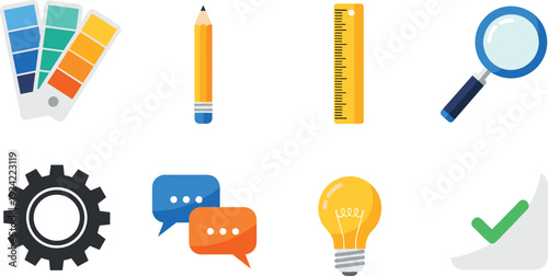 Creative design icons illustration set featuring color palette pencil ruler magnifier gear chat bulb check mark, flat ui ux graphic vector collection