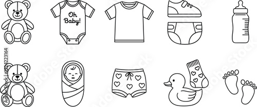 Black and white baby vector illustration with teddy bear, onesie, shoes, diaper, bottle, footprints, duck, swaddle, parenting essentials
