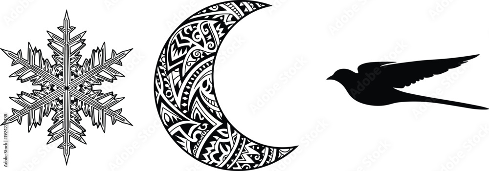 Obraz premium Set of Decorative Vector Illustrations Featuring a Detailed Snowflake Tribal Pattern Crescent Moon and Flying Bird Silhouette for Creative Design