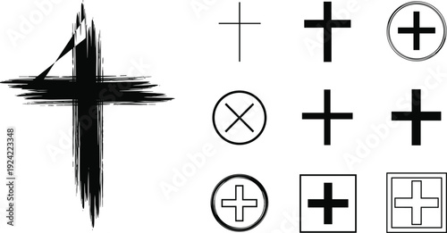 Set of Cross Vector Icons Featuring a Large Textured Brushstroke Graphic Plus Symbols and Religious Crosses for Medical or Spiritual Design