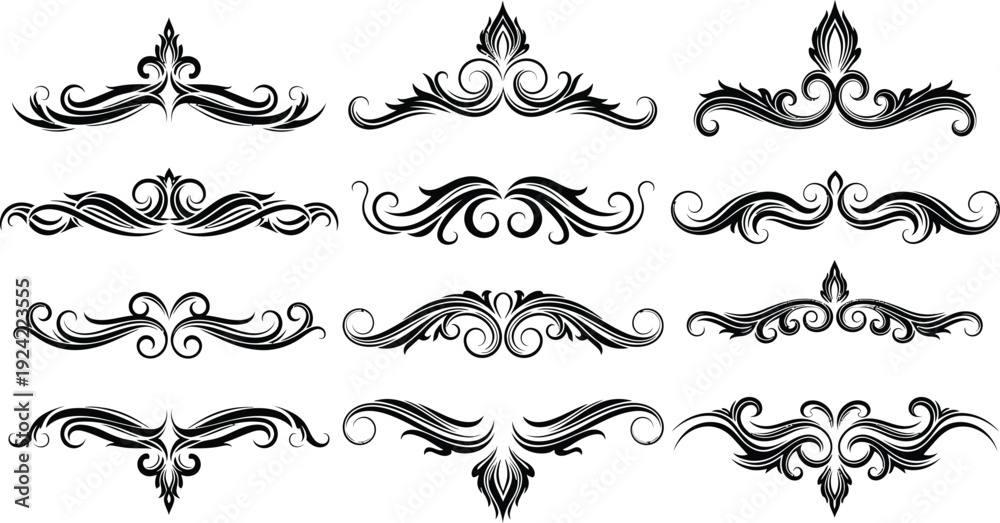 Fototapeta premium Collection of twelve black ornamental swirl and flourish decorative