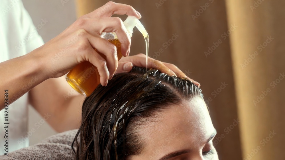 Fototapeta premium Caucasian female receiving relaxing hair treatment with oil massage.