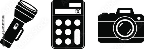 Set of High Contrast Black and White Vector Icons Featuring a Portable Flashlight Digital Calculator and Modern Photo Camera Silhouette