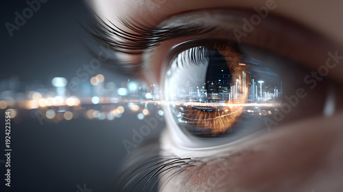 Futuristic eye reflection cyber vision digital interface city light technology concept innovation artificial intelligence data visualization focus closeup human eye watching futuristic city