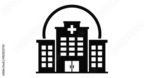 Simple black and white icon depicting a hospital building with a cross