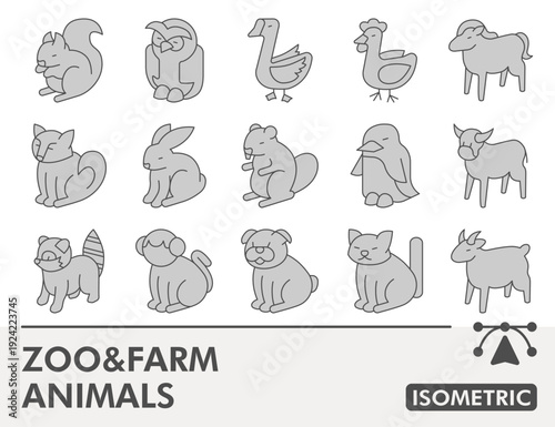 Zoo and farm animals symbols collection or sketches, wildlife and zoology theme in isometric style signs for web and app. Vector graphics, editable stroke icons isolated on white background.