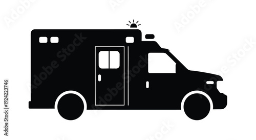 Simple black silhouette of an ambulance with a rotating emergency light