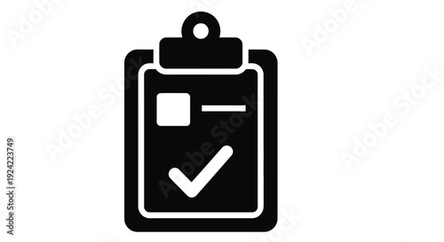 Black glyph icon depicting a clipboard with a checkmark isolated on white