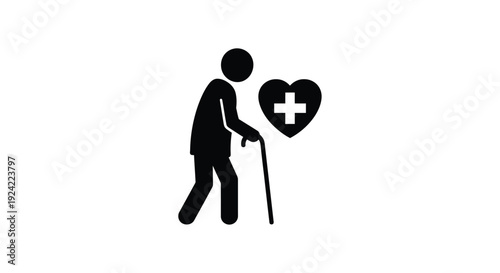 Elderly person with a heart symbol containing a medical cross