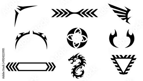 Set of black tribal dragon vector icons and sharp Y2K cyberpunk stream overlay shapes. Ideal for gaming UI design, edgy logos, and modern tattoos