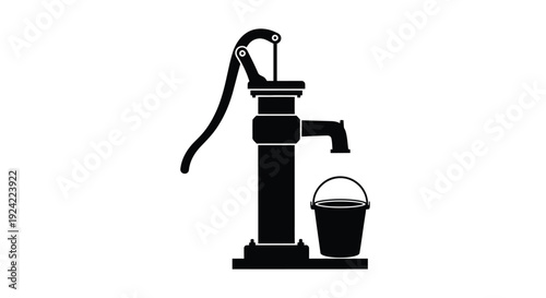 Simple black silhouette of a vintage water pump with a bucket