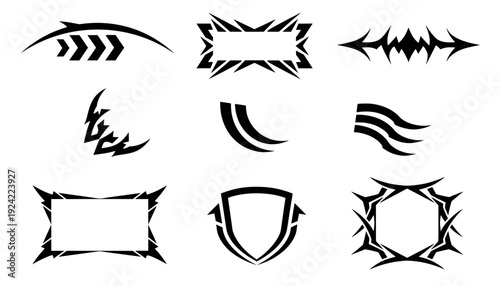 Collection of black tribal vector frames and edgy Y2K cyberpunk shield graphic elements. Perfect for gaming UI, futuristic borders, and tattoo decals