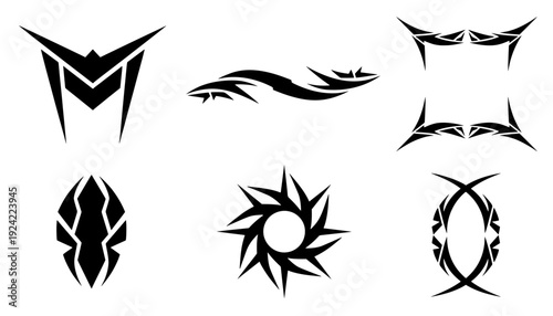 Set of black tribal vector logo shapes and futuristic Y2K gaming stream elements. Perfect for edgy cyberpunk UI overlays, borders, and modern decals
