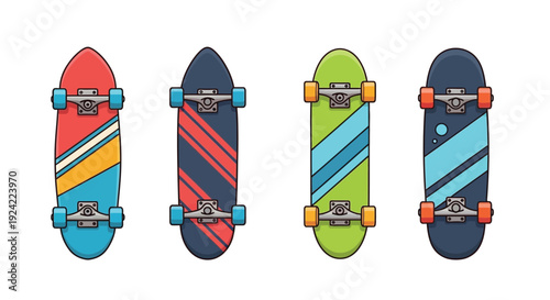 Four stylized skateboards with different colorful designs and wheel arrangements